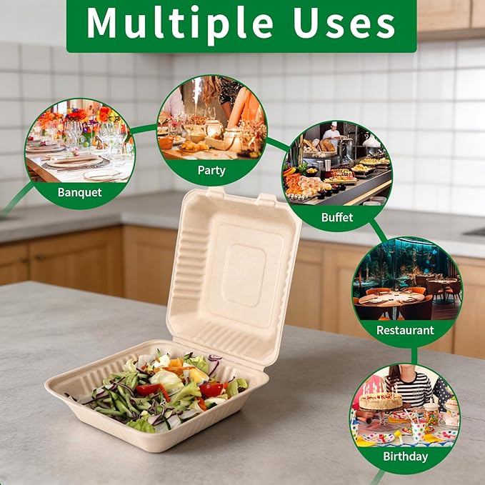 Aricsen Compostable 50 Pack 8 Inch Takeout Lunch Box Containers with Lid To Go Take Out Clamshell for Food, Disposable Eco-Friendly Biodegradable Bagasse, PFAS-Free, Brown