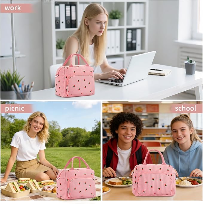 Lunch Box for Women Insulated Lunch Bag Women Adult Cute Lunch Bags Reusable Lunchbox Cooler Tote Bag for Work Picnic (Pink-Strawberry)