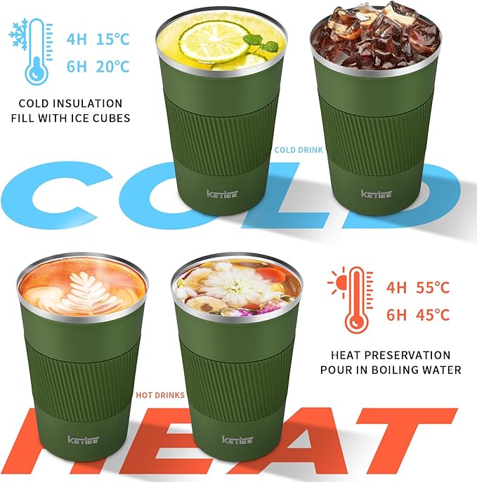 KETIEE Travel Coffee Mug 12oz: Vacuum Insulated Coffee Cup with Leakproof Lid, Coffee Tumbler, Reusable Coffee Cups, Double Wall Stainless Steel Coffee Mug to Go for Hot/Iced Water Tea (Green)