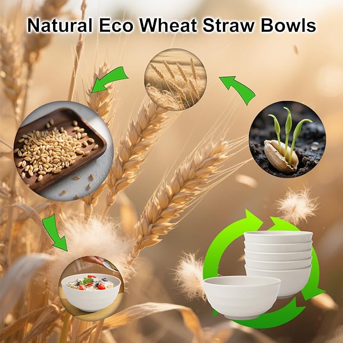 Wrova 60oz Wheat Straw Bowls Set of 6 - Unbreakable large Serving Bowl for Kitchen, Plastic Bowls Microwave Safe Cereal and Salad Bowls, Lightweight Large Chip Bowls for Party,Dorm- White