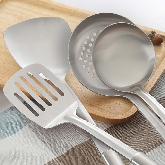 Pleafind Cooking Utensils Set - 4 Pcs Stainless Steel Kitchen Utensils, Wok Utensils Set Include Wok Ladle, Wok Spatula, Slotted Spoon and Slotted Spatula, Dishwasher Safe