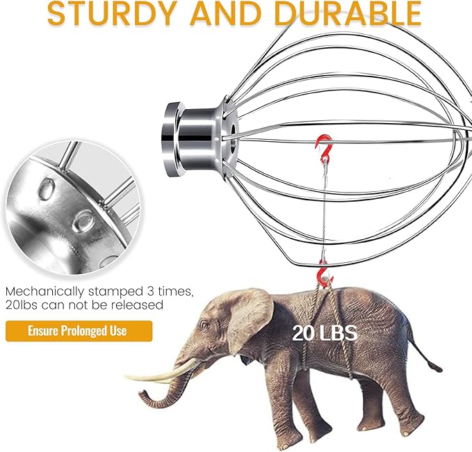 K45WW Whisk Attachment Fits KitchenAid, 6 Wire Whip for 4.5 5 Quart KitchenAid Tilt-Head Stand Mixer，Compatible with Kitchen Aid Accessories K45,K45SS,KSM75,KSM90,KSM110,KSM150, Handwash Only