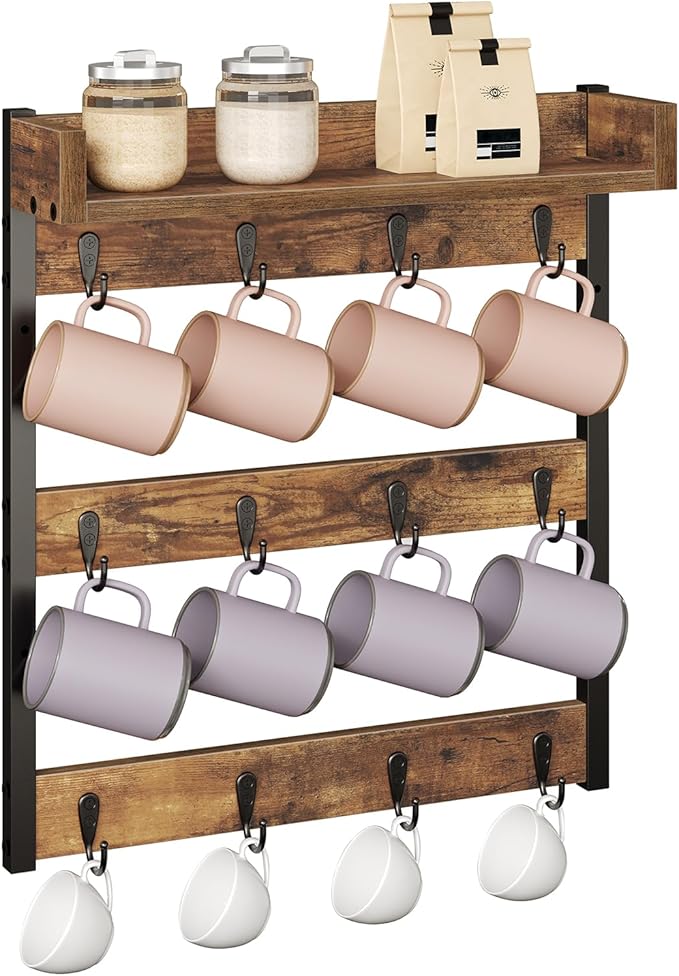 Coffee Mug Holder Stand, 3 Tier Mug Tree Rack, Hanging 12 Cups, with Top Shelf, for Kitchen, Dining Room, Living Room, Cafe, Rustic Brown MH42BR