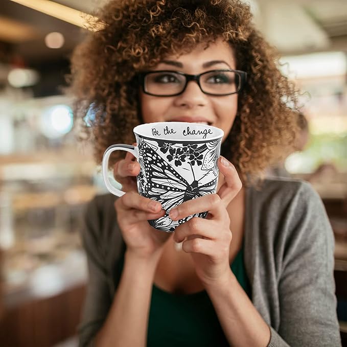 Karma Gifts 14 oz Black and White Boho Mug Butterfly - Cute Coffee and Tea Mug - Ceramic Coffee Mugs for Women and Men