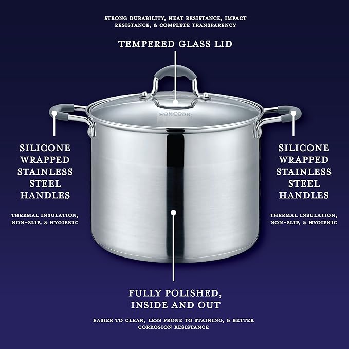 CONCORD Stainless Steel Stock Pot with Glass Lid (Induction Compatible) ((5 QT)