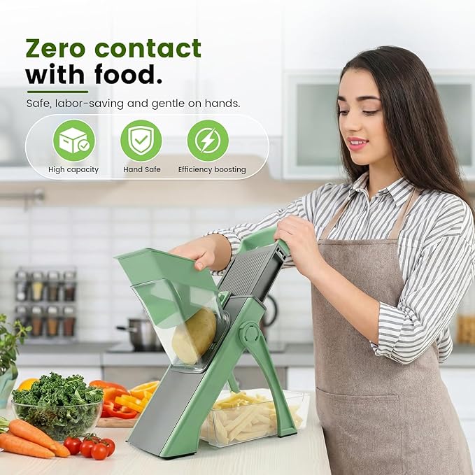 4-in-1 Safe Mandoline Slicer & Vegetable Chopper with 0.1-8mm Adjustable Thickness, Dicer, Julienne & French Fry Cutter Functions, Foldable Kitchen Gadget with Container (Green)
