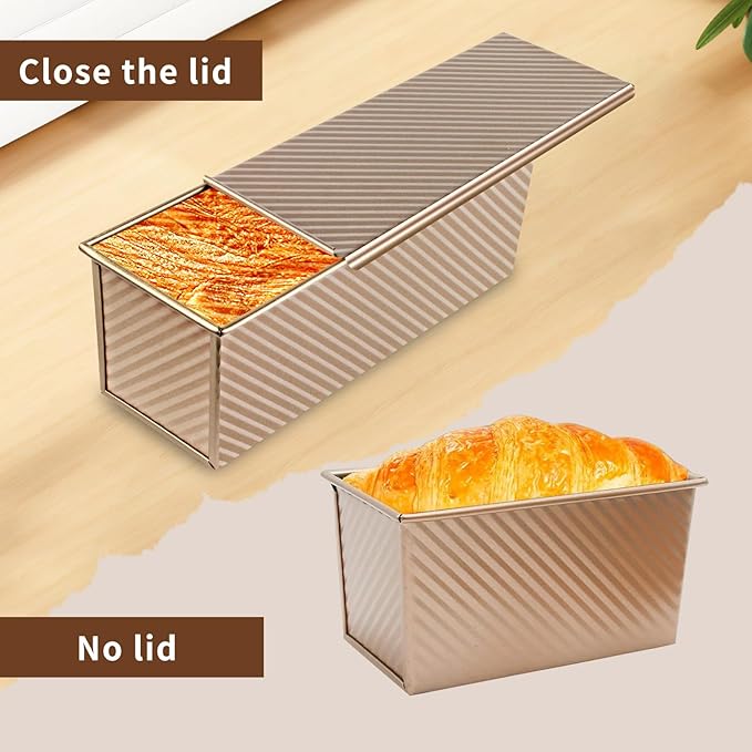 Pullman Loaf Pan with Lid - 2 Pack 2.2LB & 1LB Dough Capacity Nonstick Bread Pans for Homemade Sandwich, Toast & Sourdough Bread, 13x5 & 8x4 Corrugated Bread Loaf Pan with Cover, Golden