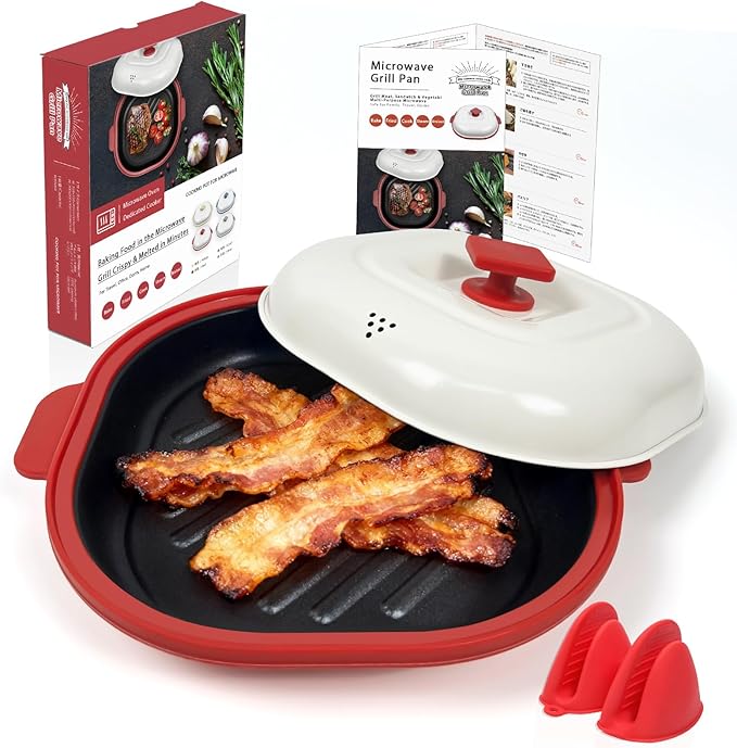 Microwave Grill Pan with Cover, Microwave Cookware Multi-Use for Grilling, Frying, Browning and Crisping, Microwave Bacon Cooker, Omelette Maker, Omelette Pan, Quesadilla Maker, Easy to Clean (Red)