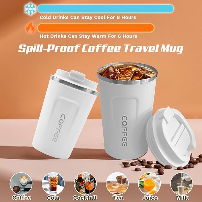 Travel Coffee Mugs Leak-Proof, Reusable Coffee Cups with Lids, Stainless Steel Vacuum Insulated Coffee Tumblers, Thermal Insulation Cups for Men and Women Hot & Cold Drinks(2nd-White, 17OZ)