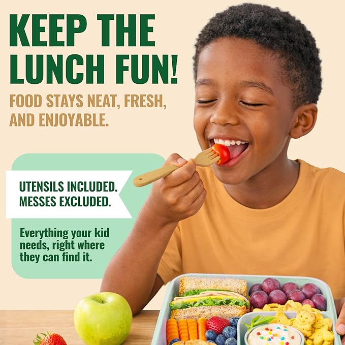 Lunch Box for Kids, Large 2-Compartment, Durable and Microwave Safe, BPA-Free with Utensils, Wheat Straw Bento Box for Kids – Green