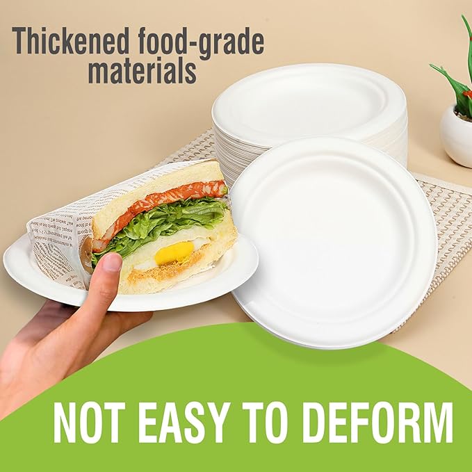 Disposable Large White Paper Plates 9 Inch - 100 Counts Heavy Duty Natural Bagasse Plates, Compostable & Oil-Proof, Microwave Safe for Family Christmas Dinner, Kids Pizza Nights & Fried Chicken Meals