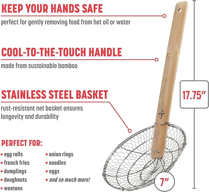 Joyce Chen Kitchen Spider Strainer Stainless Steel 7-Inch Wire Basket with Heat-Resistant Bamboo Handle
