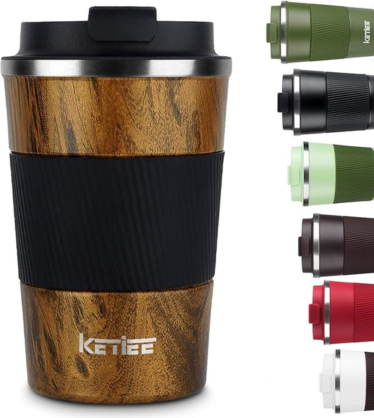 KETIEE Travel Mug, 12oz Insulated Coffee Cup with Leakproof Lid, Vacuum Stainless Steel Double-Wall Travel Coffee Mug Spill Proof, Reusable Travel Tumbler for Men and Women for Hot Cold Water
