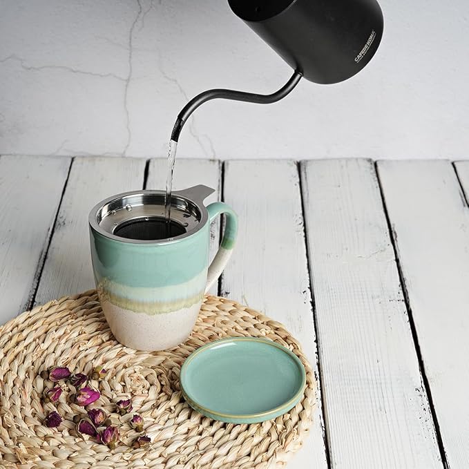 Bosmarlin Ceramic Tea Cup with Infuser and Lid, 16 Oz, 5 Colors to Choose, Dishwasher and Microwave Safe, Reactive Glaze, Steeping Tea Mug with Strainer (Mint Green)