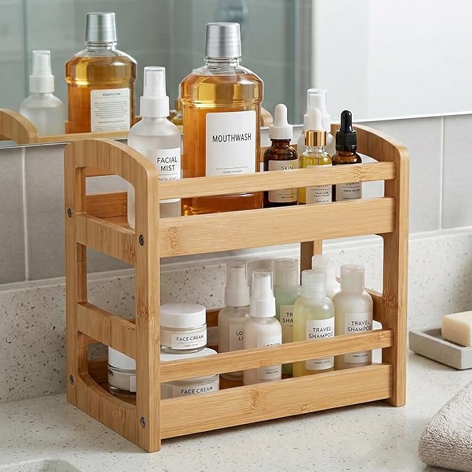 Briful Bamboo Spice Rack Organizer for Countertop, 2-Tier Seasoning Shelf Small Spice Holder for Kitchen Organization Pantry & Cabinet Decor