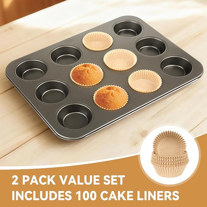 2 Pack Muffin Pan Set,12 Cup Nonstick Carbon Steel Cupcake Pan with 100 Liners,Standard Muffin Tin for Cupcakes and Baking Supplies