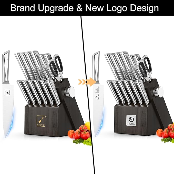 imarku Kitchen Knife Set with Block and Built-in Sharpener, Japanese Stainless Steel 14-Piece Knife Set with Utility Knife, Dishwasher Safe, Non-Slip Ergonomic Handles, Essential Gift for Home Cooks
