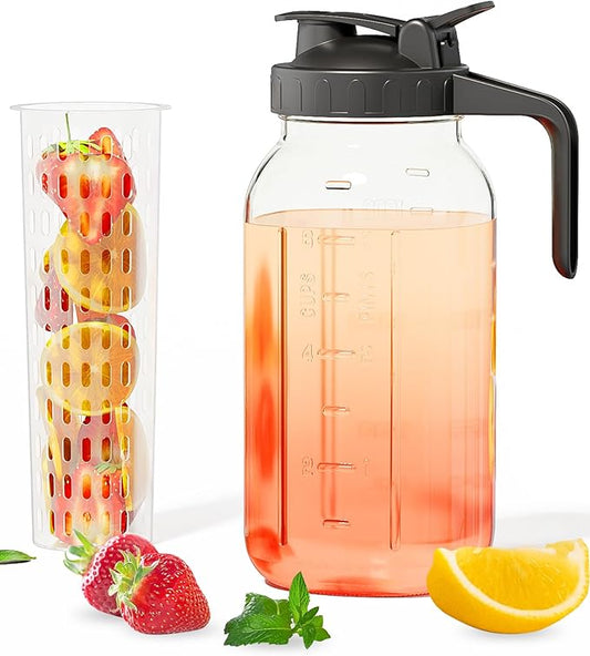 64oz Mason Jar Pitcher with Fruit Tea Infuser – Airtight & Leakproof Glass Pitcher with Lid, Perfect for Iced Tea, Sun Tea and Cold Brew, 2 Quart (1/2 Gallon) Wide Mouth Mason Jar with Pour Spout Lid