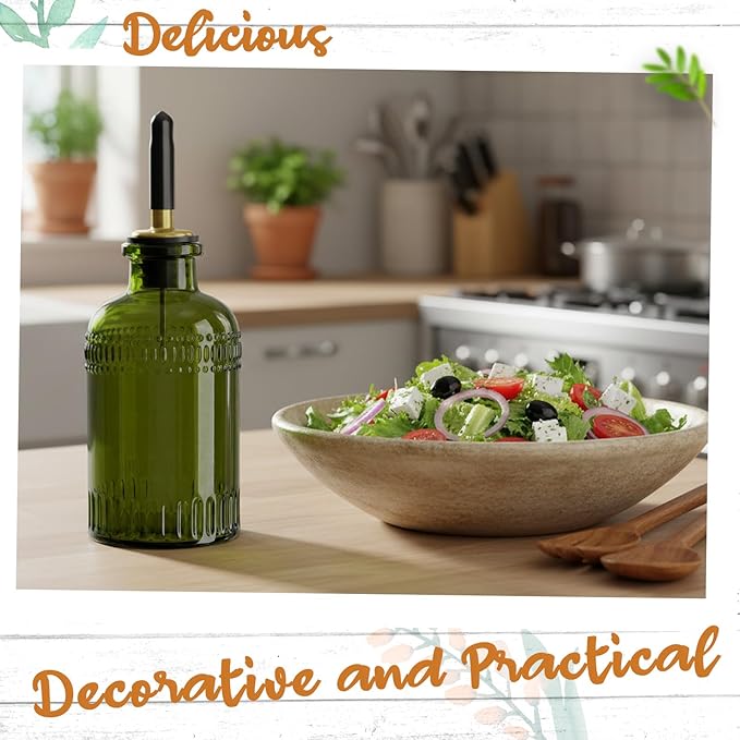 1 Pack Olive Oil Dispenser 7oz, Olive Green Glass Bottle with Metal Spout and Lid, Vinegar Cruet Kitchen Small Oil for Cooking, Salad, Baking (Elegant)