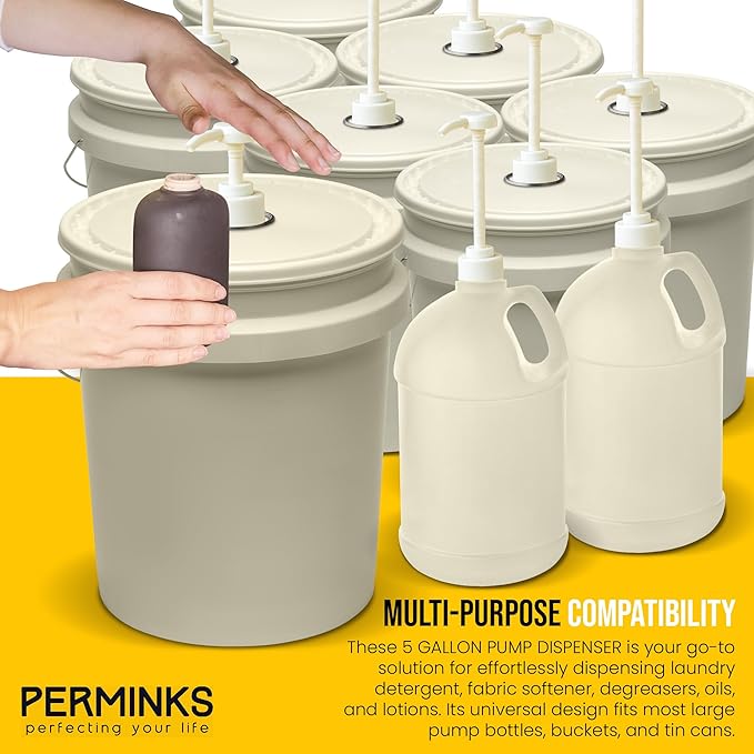 5 Gallon Pump Dispenser - Pump for 5 Gallon Bucket, Jug, Bottle, Large Container - Great for Shampoo & Conditioner, Laundry Detergent, Snow Cone Syrup, Bleach Liquid, Oil & More (Pack of 2)