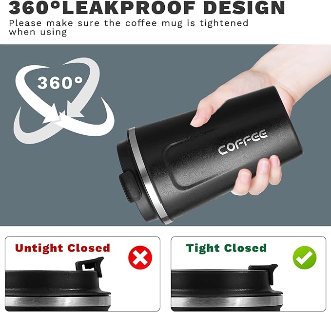 YINBAOGE Insulated Travel Coffee Mug, Spill & Leak Proof, Portable To Go Camping Stainless Steel Coffee Tumbler, Reusable Thermal Coffee Cup with Lid for Hot & Cold Drinks (2nd-Black, 12 OZ)