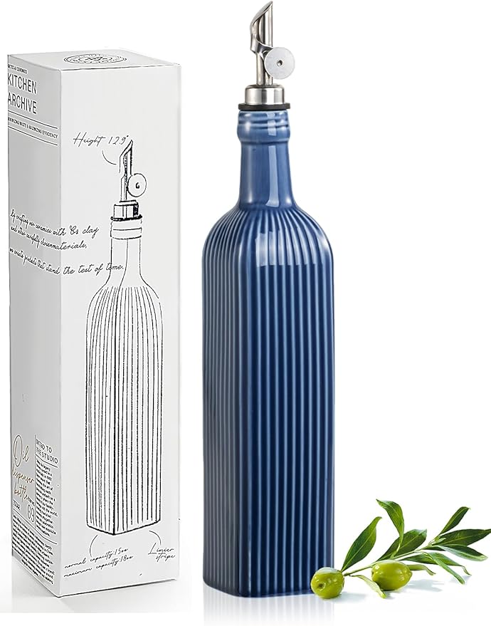 getstar 18 oz Olive Oil Dispenser Bottle for Kitchen, Ceramic Oil Bottle with Automatic Stainless Steel Pourer (Silver Pourer, Blue)