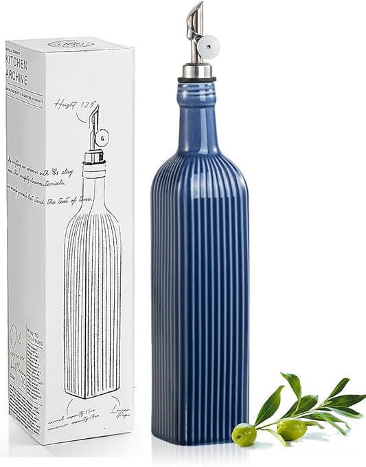 getstar 18 oz Olive Oil Dispenser Bottle for Kitchen, Ceramic Oil Bottle with Automatic Stainless Steel Pourer (Silver Pourer, Blue)