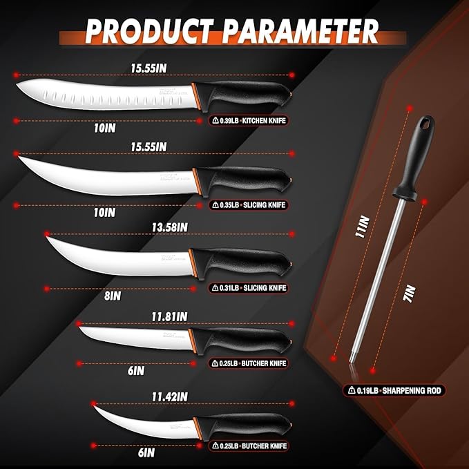 TIVOLI 6 PCS Butcher Knife Set - Game Processing Knife Set with 7" Sharpener Rod - Non-Slip Softgrip & German Stainless Steel - Skinning Boning Trimming Poultry Knives for Meat Cutting