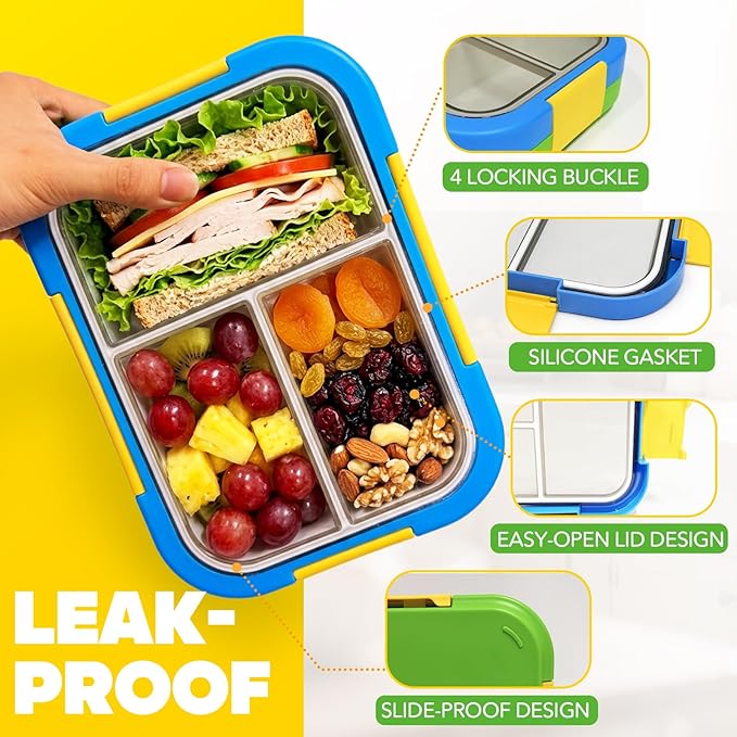 EASYFUN Bento Box Adult, Lunch Box, 4-Compartment Lunch Containers, Drop-Proof, Dishwasher Safe & Made with BPA-Free Materials (Blue green)