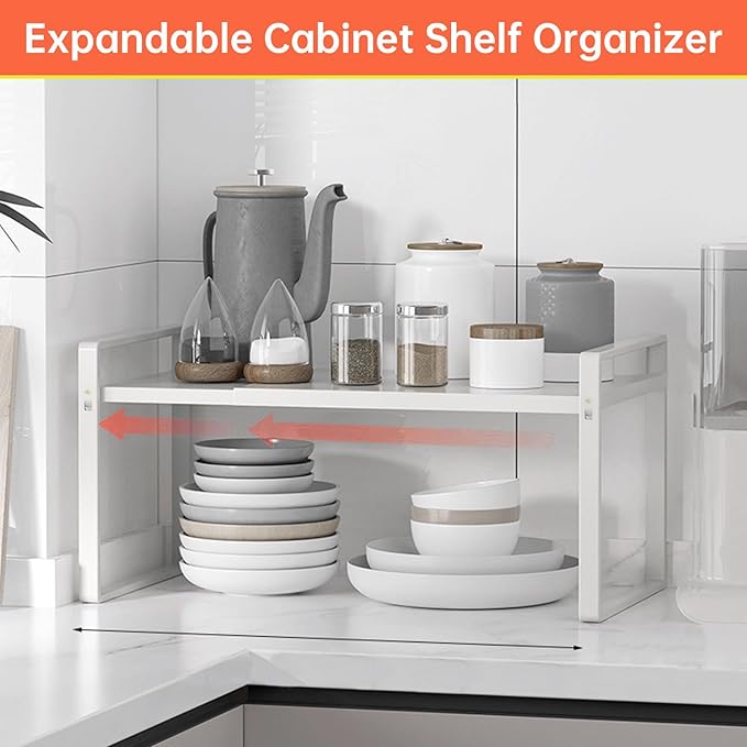 Adjustable Kitchen Shelf Organizer 9", (2 Pack) Heavy-Duty Cabinet Shelves for Countertop, Pantry & Microwave, Expandable Space-Saving Storage Rack with Non-Slip Pads, White