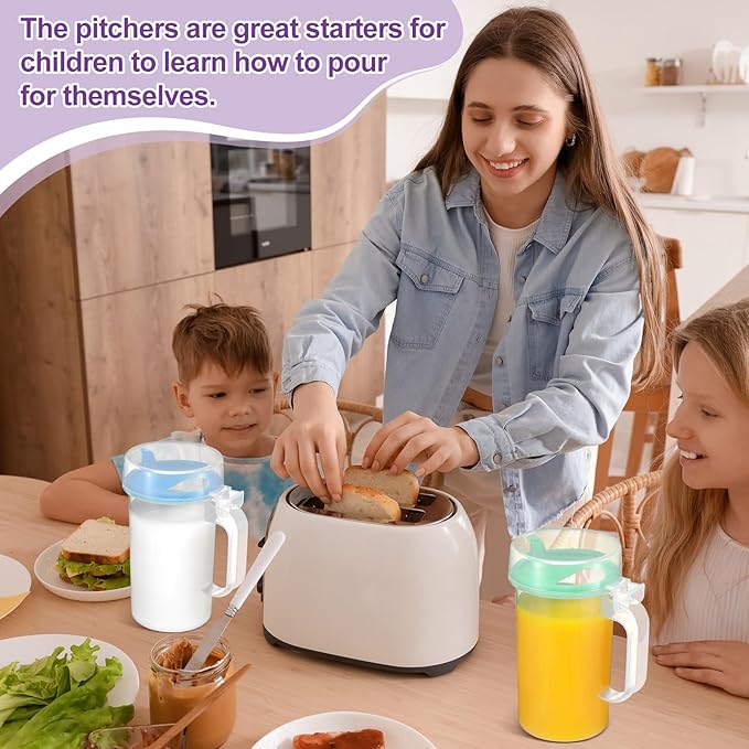 6 Pack Early Learning Kids Easy Pouring Mini Pitchers Clear Plastic Pitcher with Lid and Handle Easy Pour Bottles 16 Oz. Jugs with Lids for Classroom Nursery Home (Pastel)