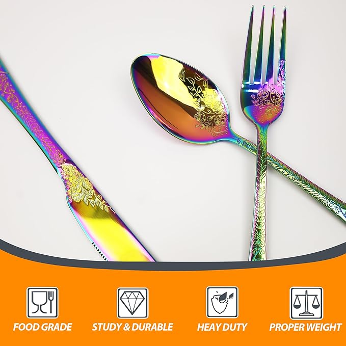 Runfly Vintage Carved Floral Rainbow Silverware Set for 4, Stainless Steel 20-Piece Flatware Set with Knife/Fork/Spoon, Cutlery Set for Home and Kitchen, Modern Utensil Set