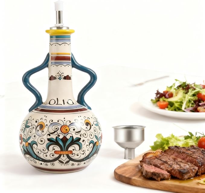 Ceramic Olive Oil Dispenser Bottle 23oz, Hand Painted Olive Oil Bottles, Decorative Stoneware Olive Oil Cruet for Kitchen with Stainless Steel Spout for Oils, Sauces, Vinegar (B)