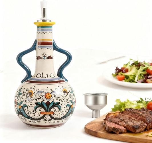 Ceramic Olive Oil Dispenser Bottle 23oz, Hand Painted Olive Oil Bottles, Decorative Stoneware Olive Oil Cruet for Kitchen with Stainless Steel Spout for Oils, Sauces, Vinegar (B)
