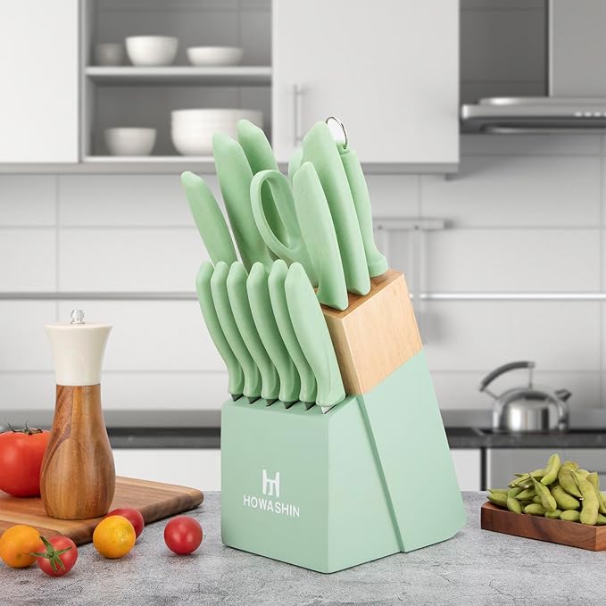 Knife Set, Howashin 15 Pieces Kitchen Knife Set with Built in Knife Sharpener, High Carbon German Stainless Steel Knife Block Set, Hand wash Safe Knives Set, Green