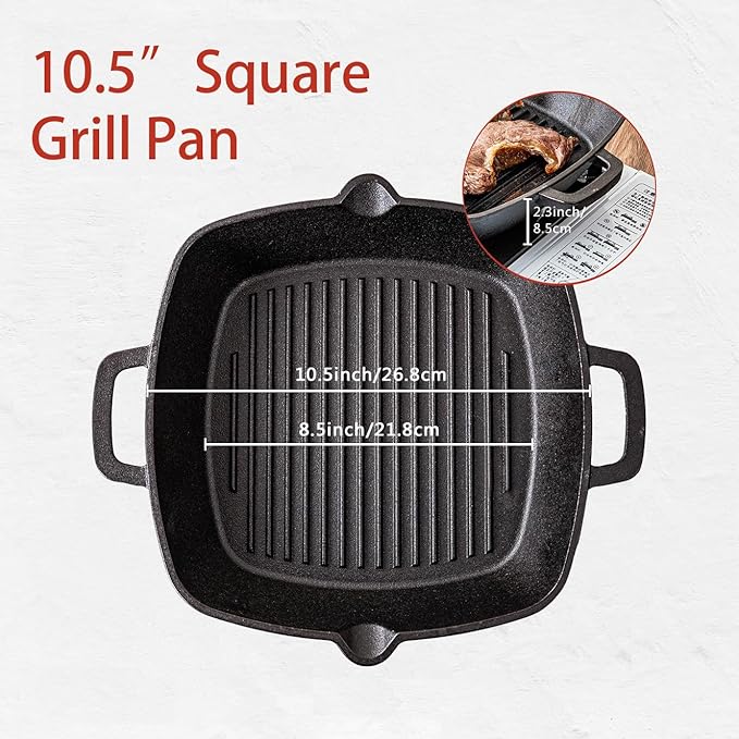 Cast Iron Grill Pan for Stove Top, 10 Inch Pre-Seasoned Cast Iron Skillet & Griddle Pan, Indoor Grill Pan for Steak, Bacon & Frying, Compatible with Gas, Electric, Induction Cooktops