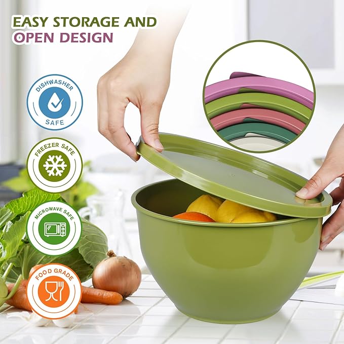 Plastic Mixing Bowls with Lids Set for Kitchen, Nesting Bowls for Mixing, Baking, Prepping, Cooking and Serving Food, Mixing Bowls Dishwasher, Microwave Safe (Purple)