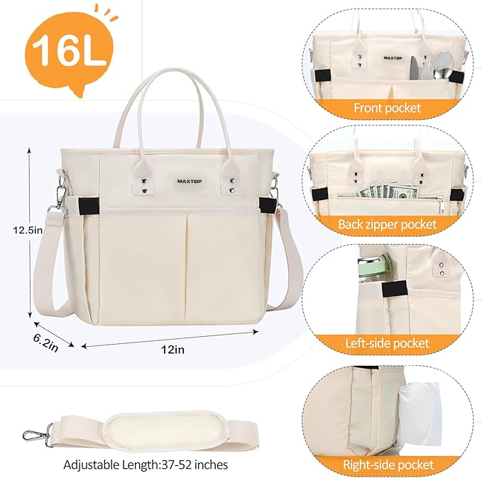 MAXTOP Lunch Bag Women for Work Insulated Thermal Lunch Box with Wide-Open Pocket Reusable Leakproof Cooler Bags with Removable Shoulder Strap for Teacher Nurse Office Picnic Travel XL-Beige