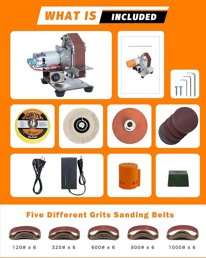 Mini Belt Sander, Electric Small Sander Knife Making Supplies, 7 Adjustable Speed Electric Knife Sharpener, Power Belt Grinder for Woodworking, Metal Working DIY (5'' x 6.8'' x 5.5'')