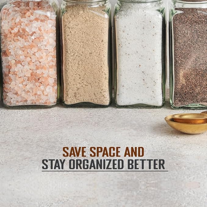 Pride Of India 4 oz Glass Spice Jars with Grinder – Pack of 6 | Clear Square Spice Shaker Set with Adjustable Grinder Cap | Small Jars with Lids for Salt, Pepper, Herbs & Seasoning Storage
