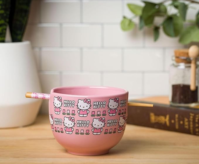 Silver Buffalo Sanrio Hello Kitty Flowers Pattern Ceramic Ramen Noodle Rice Bowl with Chopsticks, Microwave Safe, 20 Ounces