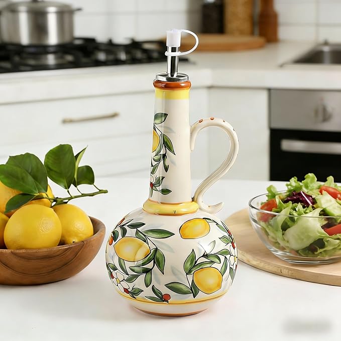 Ceramic Olive Oil Dispenser Bottle 23oz, Hand Painted Olive Oil Bottles, Decorative Stoneware Olive Oil Cruet for Kitchen with Stainless Steel Spout for Oils, Sauces, Vinegar (Llemon)