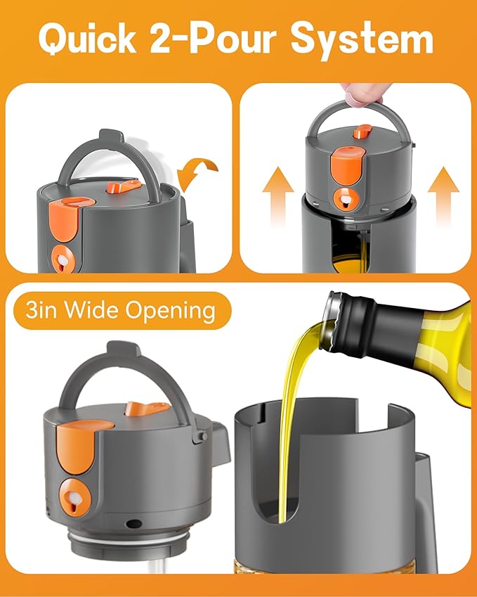 Upgrade 2 in 1 Oil Sprayer for Cooking, 17oz Light-Blocking Glass Olive Oil Dispenser Bottle for Kitchen,Food-Grade Oil Mister with 8 Stickers for Salad, Frying (Grey)