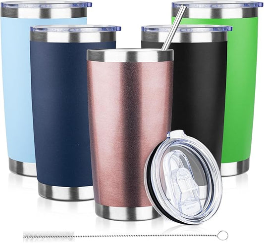 20oz Tumbler with Lid and Straw Double Wall Powder Coated Vacuum Insulated Coffee Tumbler Stainless Steel Insulated Travel Coffee Mug Spill-Proof Thermal Cup for Hot and Cold Beverage,Rose Gold
