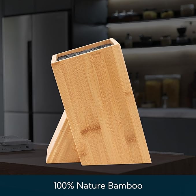 Bamboo Universal Knife Block with Bristles Bamboo Knife Stand Organizer Holder, Convenient Safe Storage for Knives & Utensils, Detachable Bristles for Easy Cleaning -by KITCHENDAO