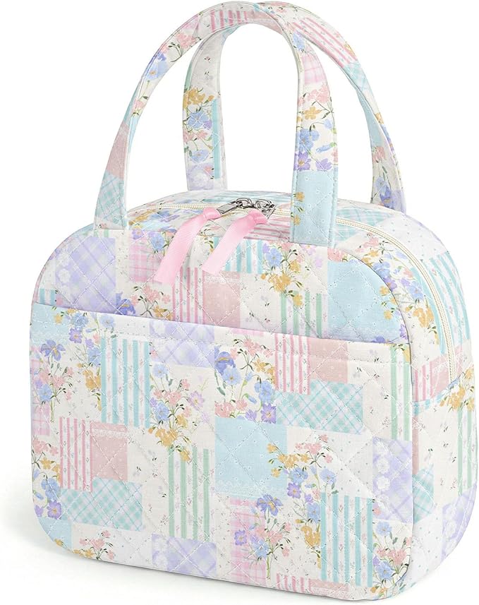 Quilted Lunch Box for Women,Coquette Aesthetic Lunch Box for Teen Girls,Cute Floral Lunch Bags for Work, School,Office,Picnic,Travel (Colorful Patchwork)