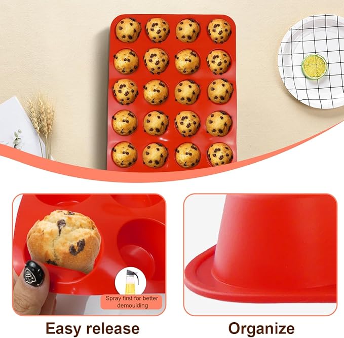 2 Pack Silicone Mini Muffin Pan, Non-Stick 24 Cups Cupcake Pan, BPA Free and Dishwasher Safe, Perfect for Making Muffin Cakes, Tart, Bread（Red）