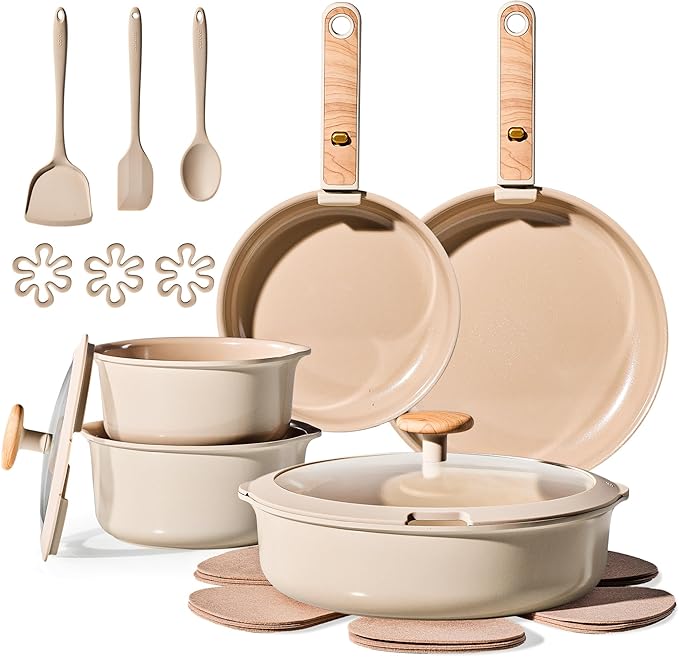 CAROTE 19PCS Ceramic Nonstick Cookware Set, Pots and Pans Set with Detachable Handle, PFAS-Free Non-Toxic, Induction & Oven Safe, Stackable Space-Saving, Taupe