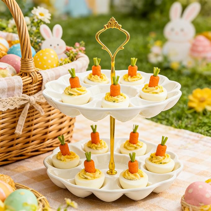 2 Tier Ceramic Easter Deviled Egg Platter 24 Hole Deviled Egg Tray Container, Detachable Eggs Holder Tower for Easter Party Food Container for Kitchen Countertop Microwave Dishwasher Freezer