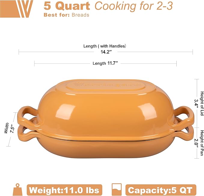 Enameled Cast Iron Sourdough Bread Oven, Dutch Oven, Loaf Cast Iron Bread Pan for Homemade Bread Baking, Meatloaf Pan with Lid, 5QT, Yellow